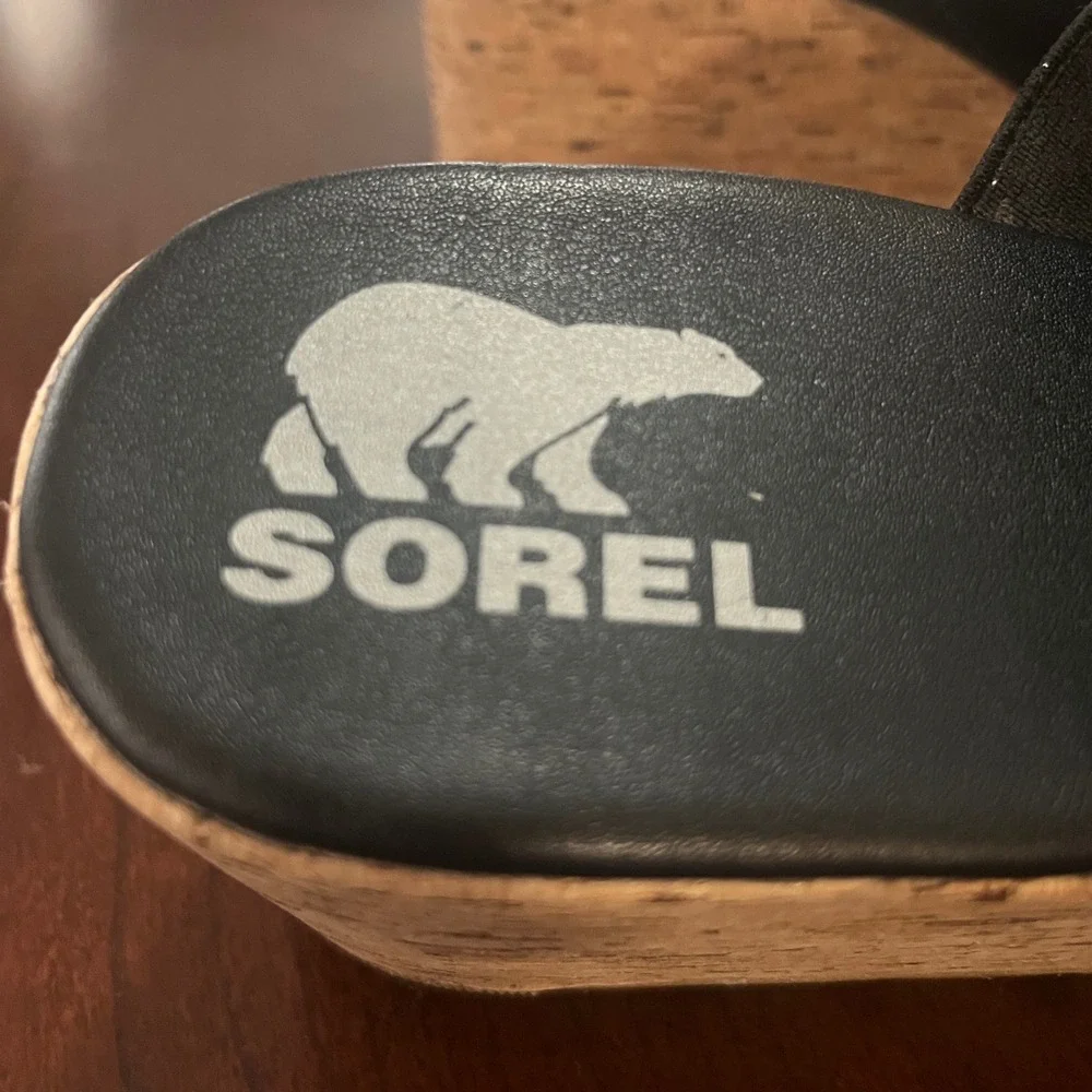 Sorel Cameron Flatform Wedge Mules Black Leather Cork Sandals NL4643-011 Size 12